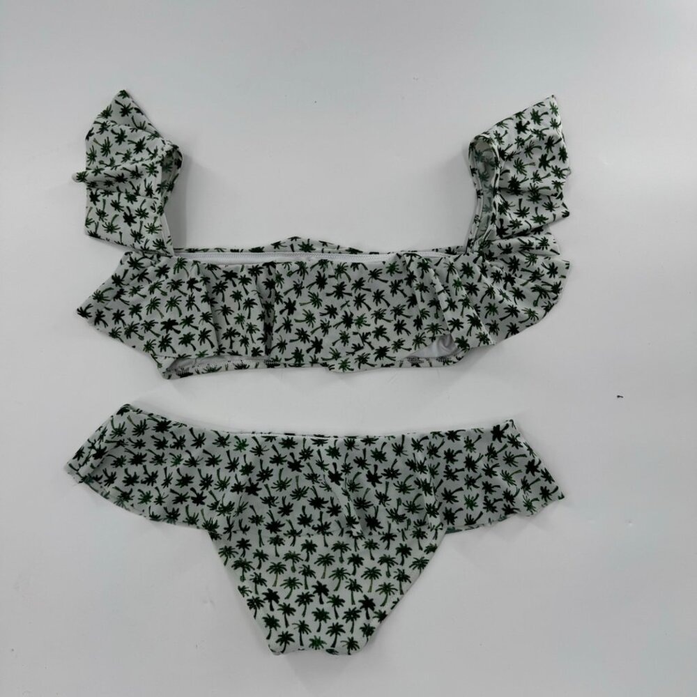 Milly Cabana Palm Print Bikini Set - M - Ruffled Top & Bottom - Green & White - Picture 2 of 9